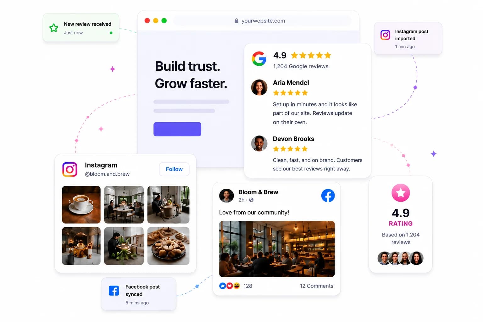 Woneview widgets: Google reviews, Instagram, and Facebook feeds shown on a website